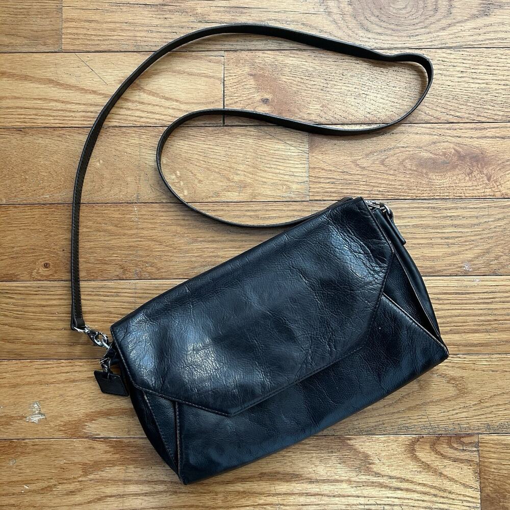 Hobo International Black Leather Foldover Clutch Crossbody Shoulder Bag